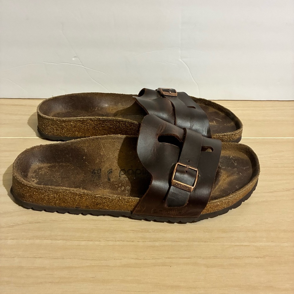 Papillio Brown Leather Two-Strap Slide Sandals